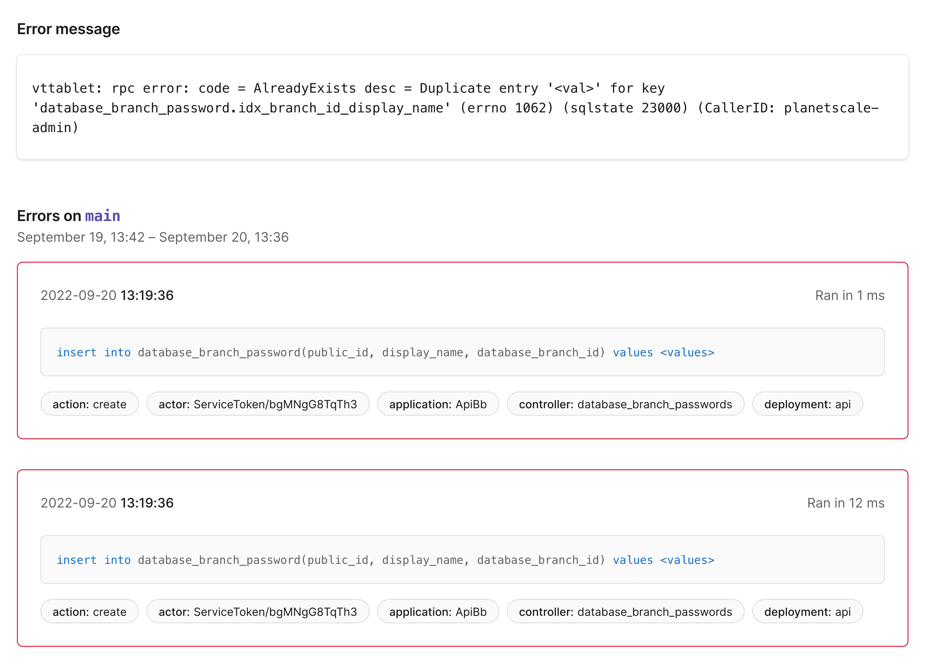 List of queries tied to error message