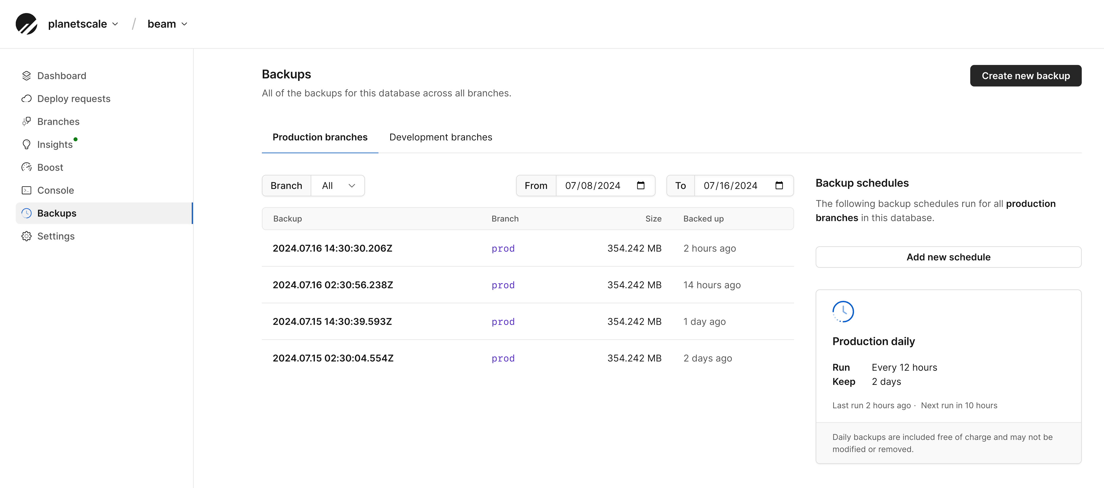 PlanetScale backup history