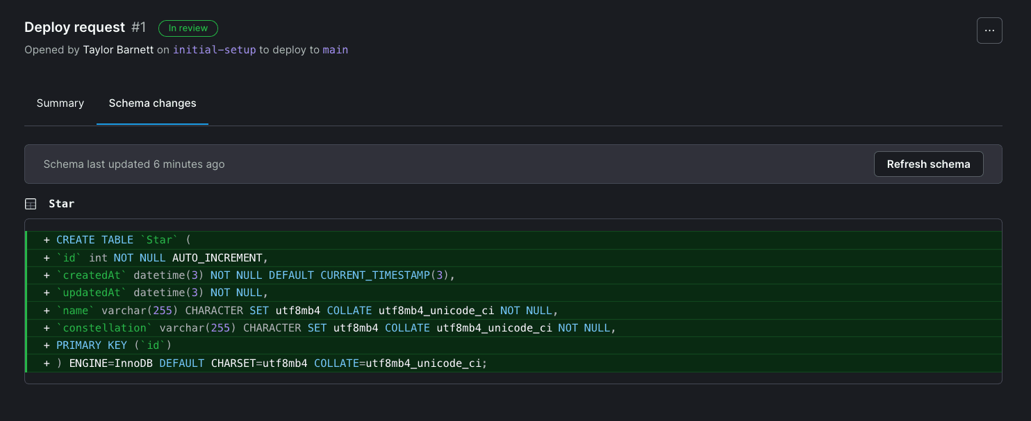 Example of the Star table schema in a deploy request on PlanetScale