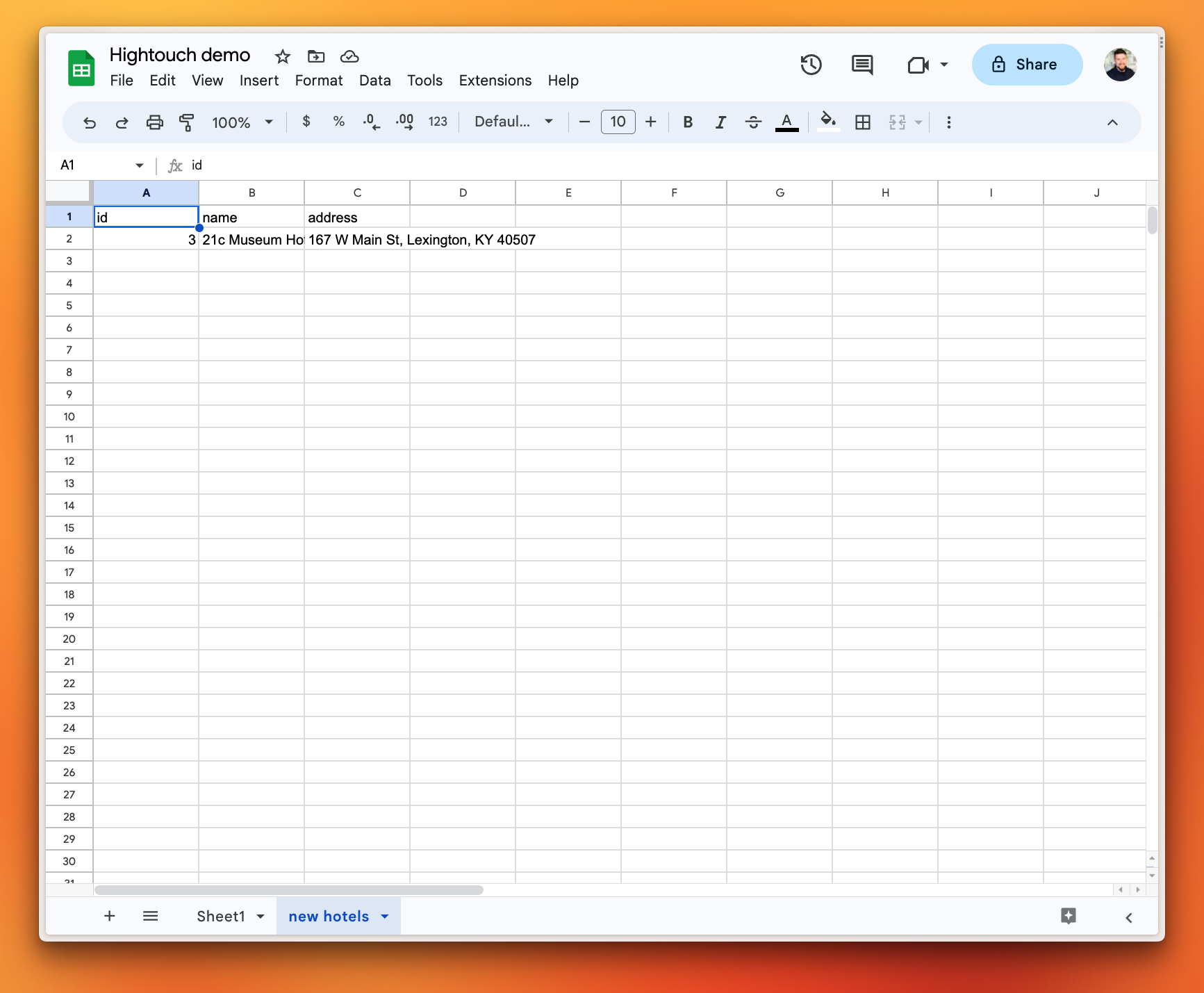 The new hotels sheet in Google Sheets