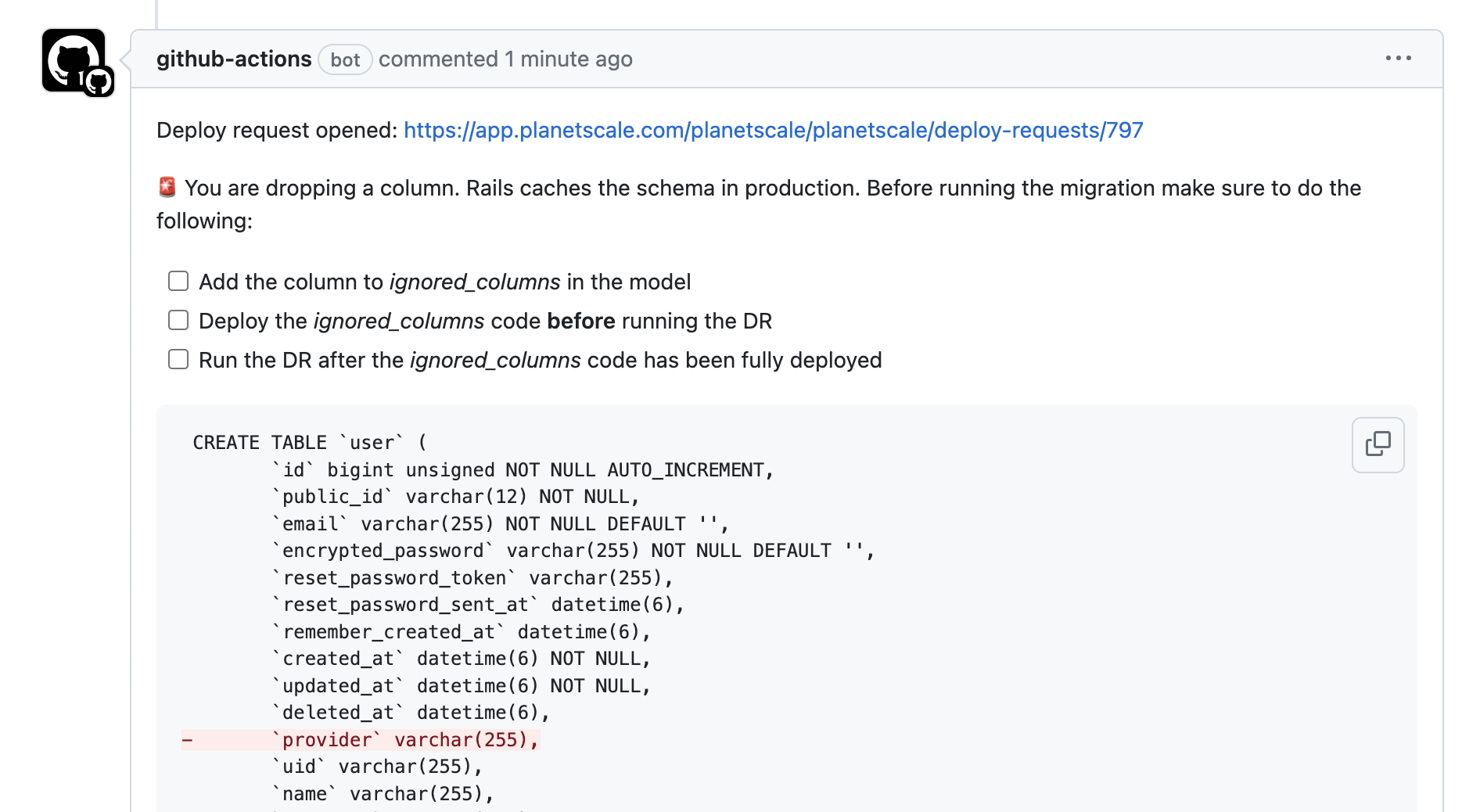 Screenshot of our GitHub bot commenting on a pull request.