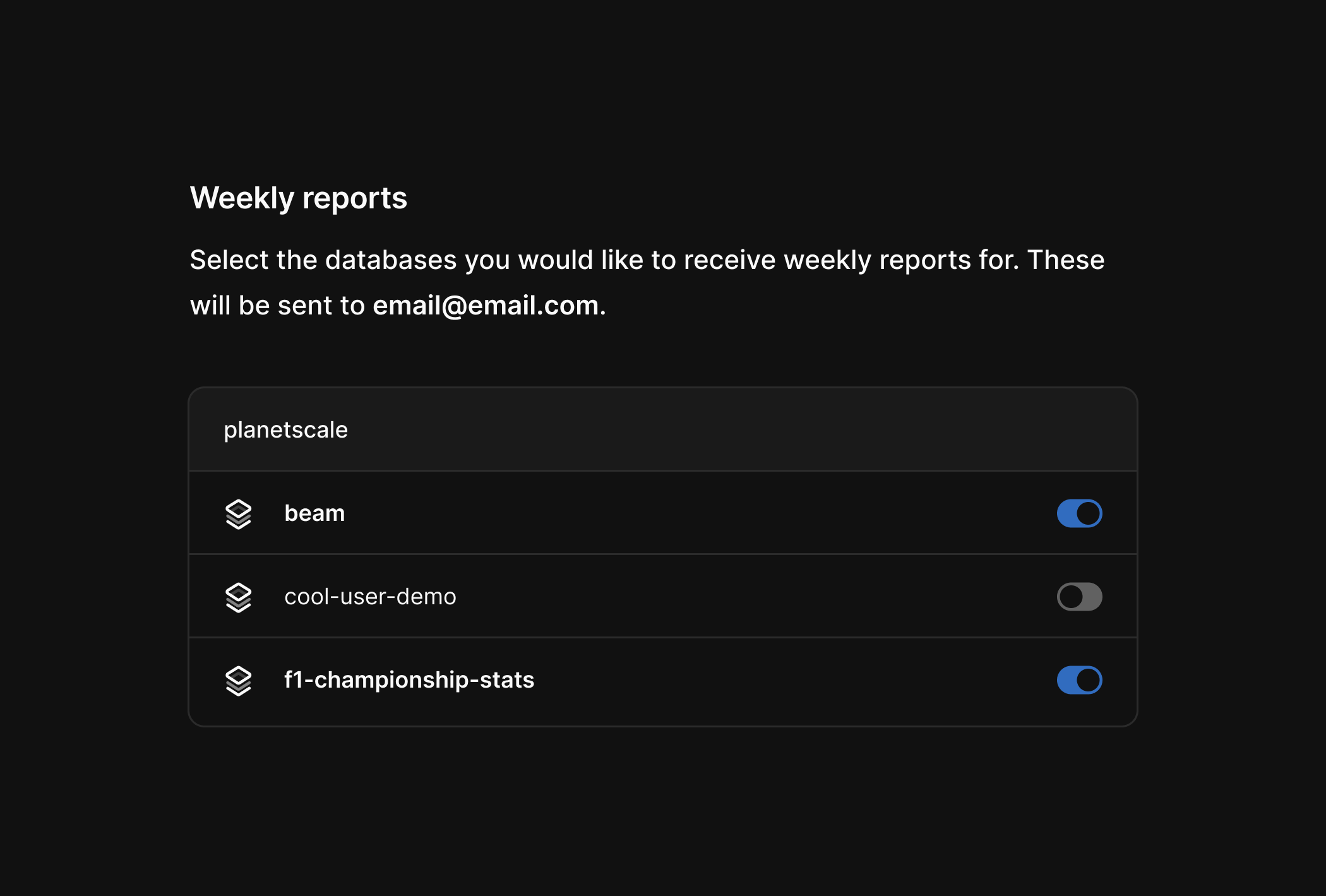 Database report settings