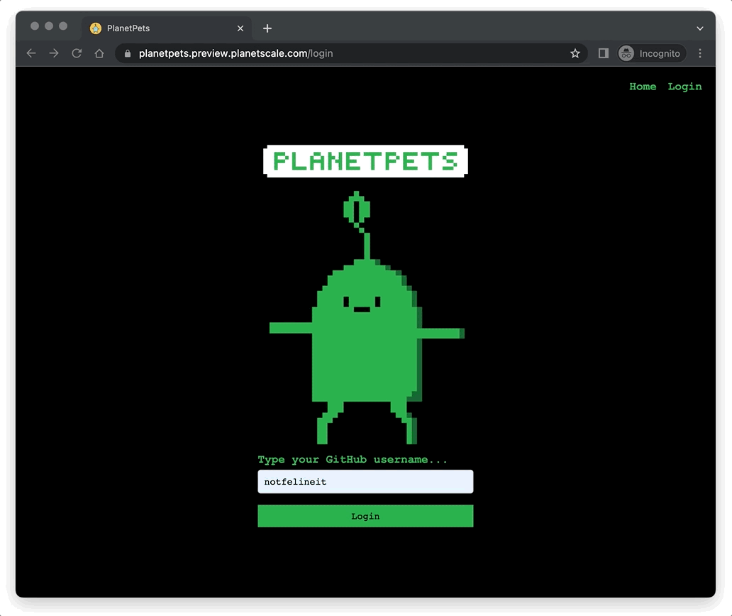 PlanetPets OAuth application demo GIF