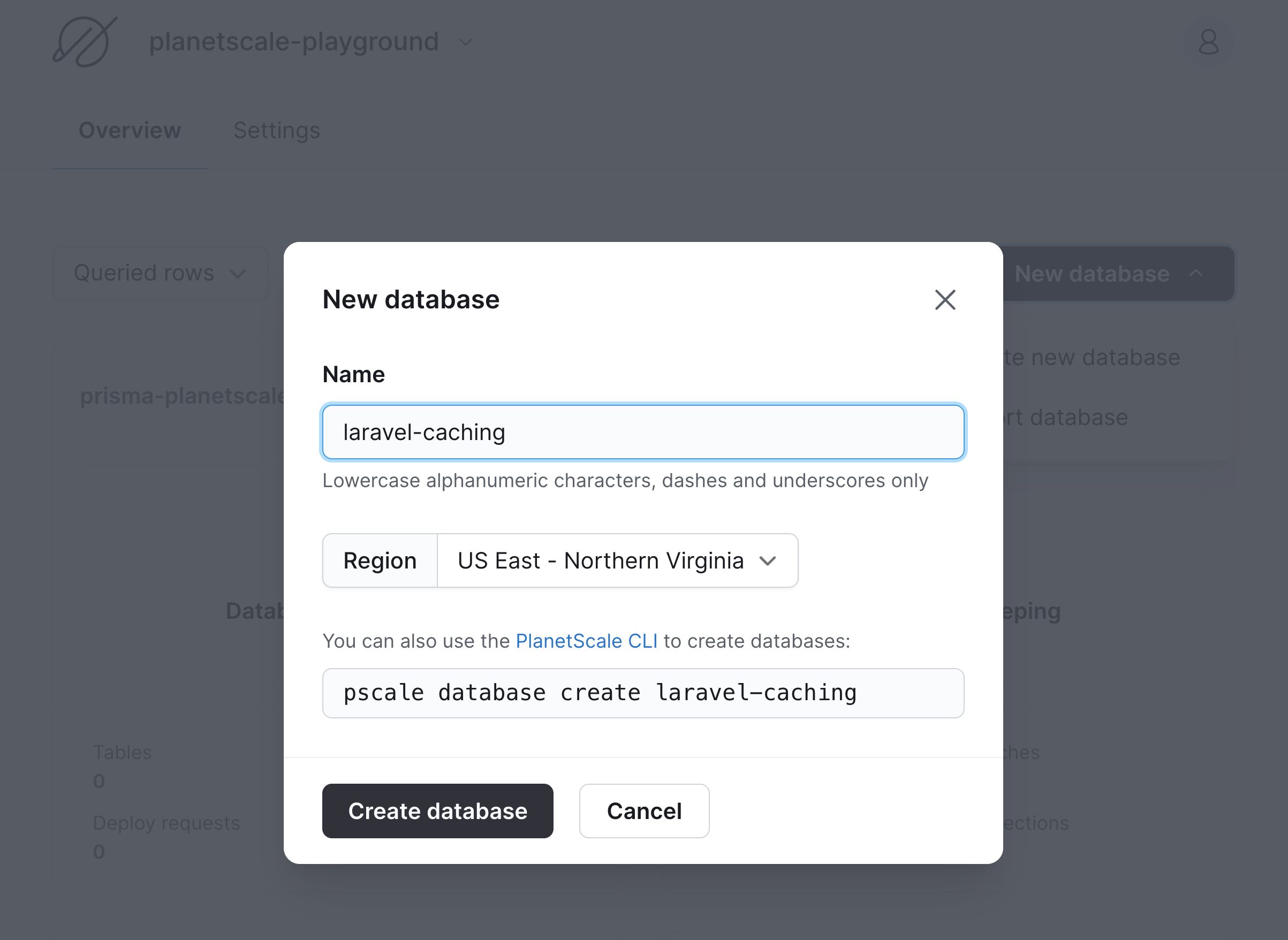 PlanetScale modal to create a new database
