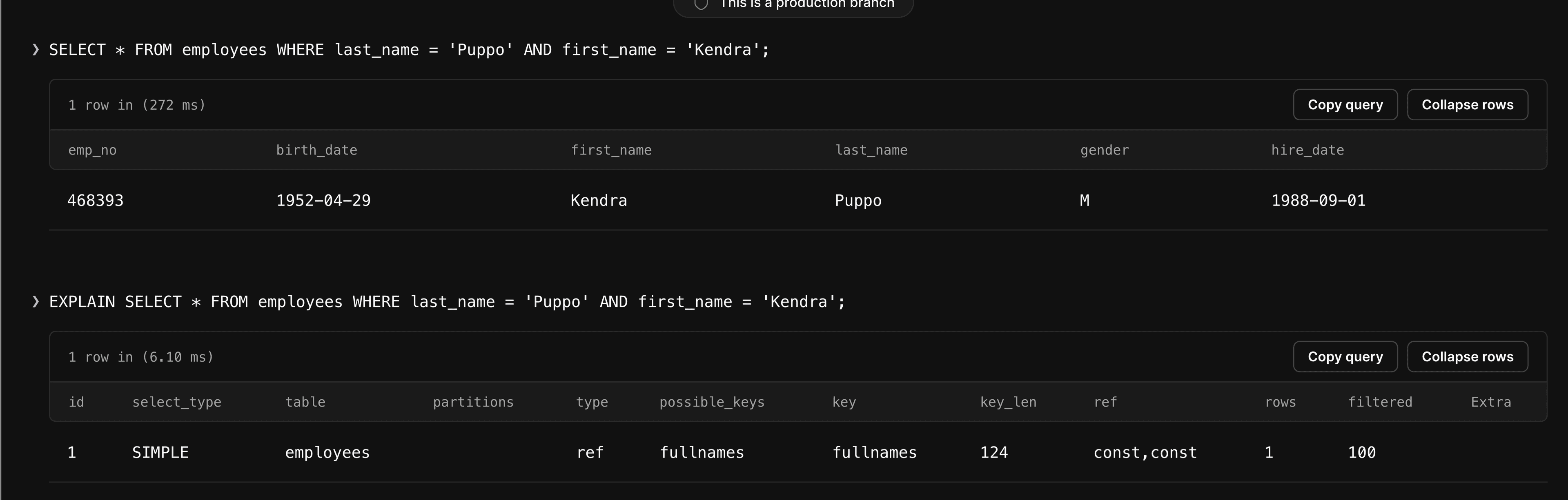 Select from employees with index