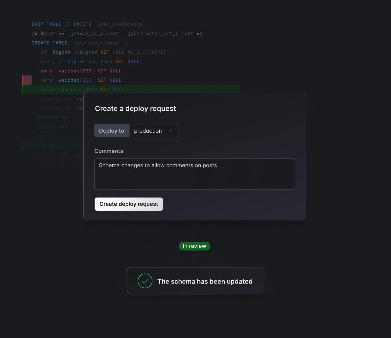 Screenshot of the PlanetScale deploy request process