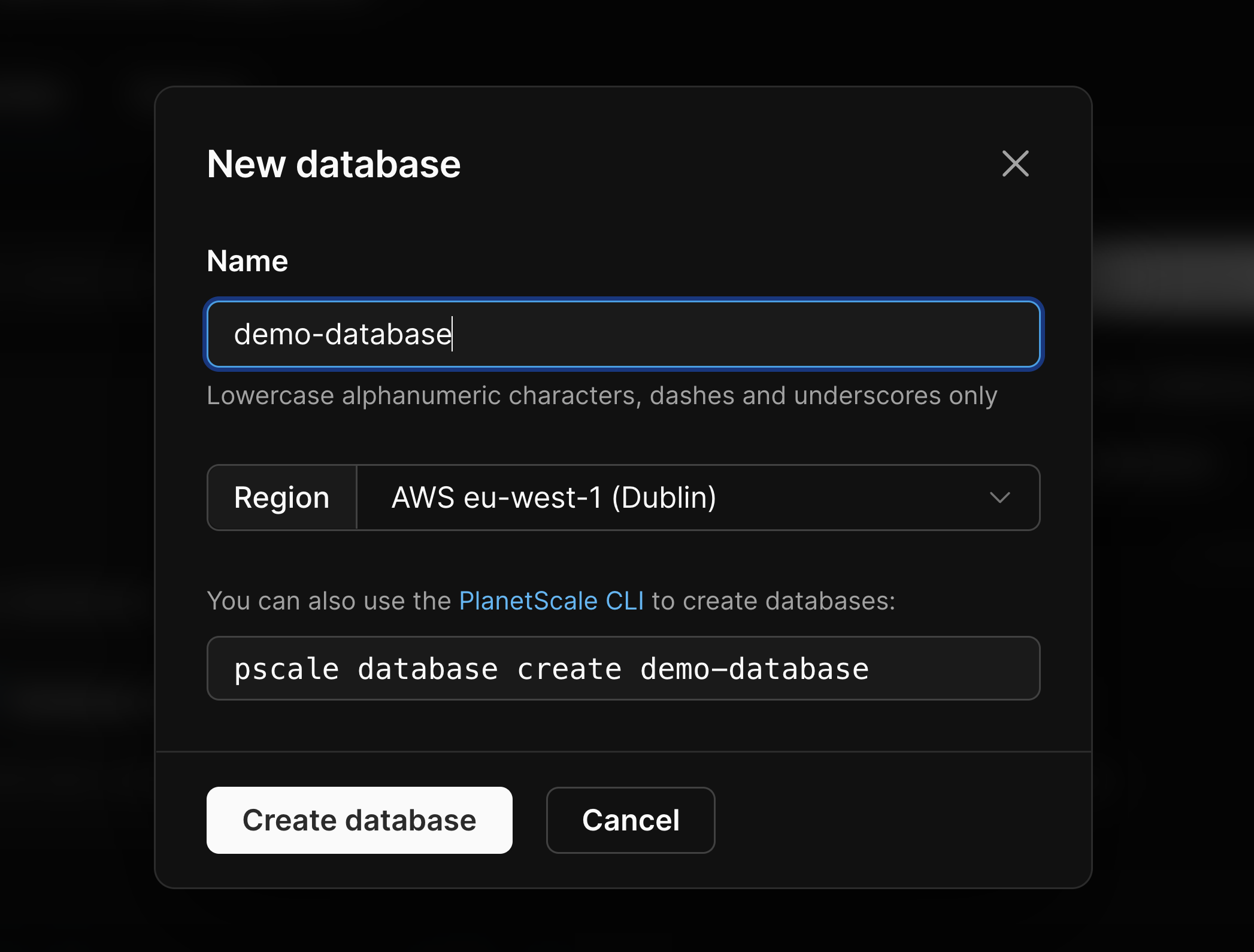 PlanetScale dashboard - Create a database