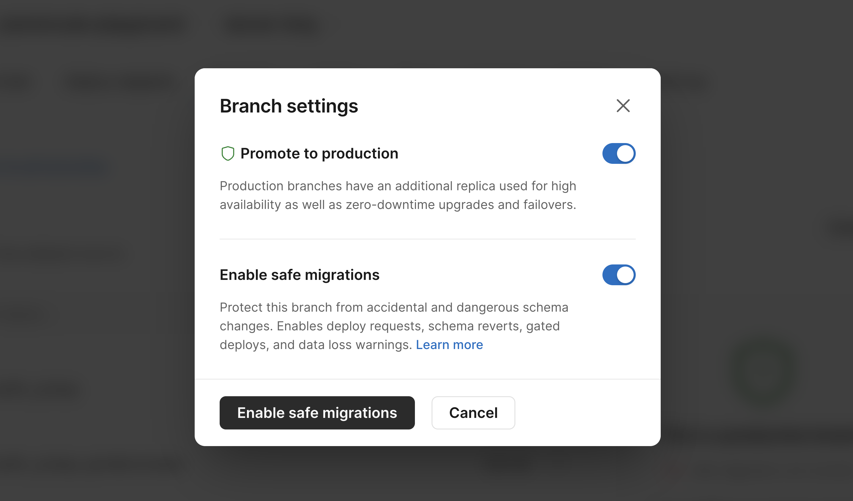 PlanetScale dashboard UI showing option to enable safe migrations