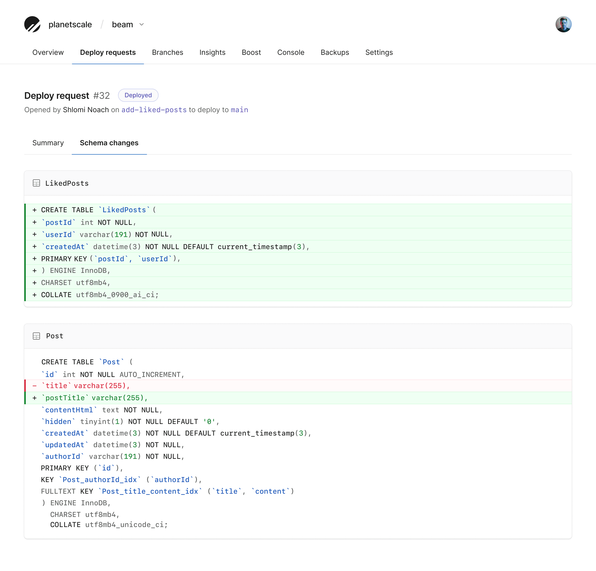 A schema diff in a deploy request page in PlanetScale