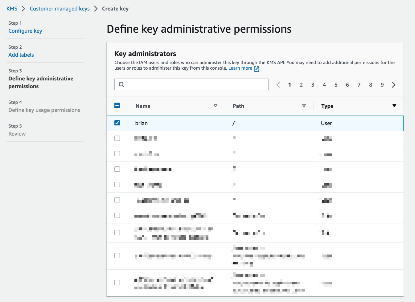 The Define key administrative permissions view.