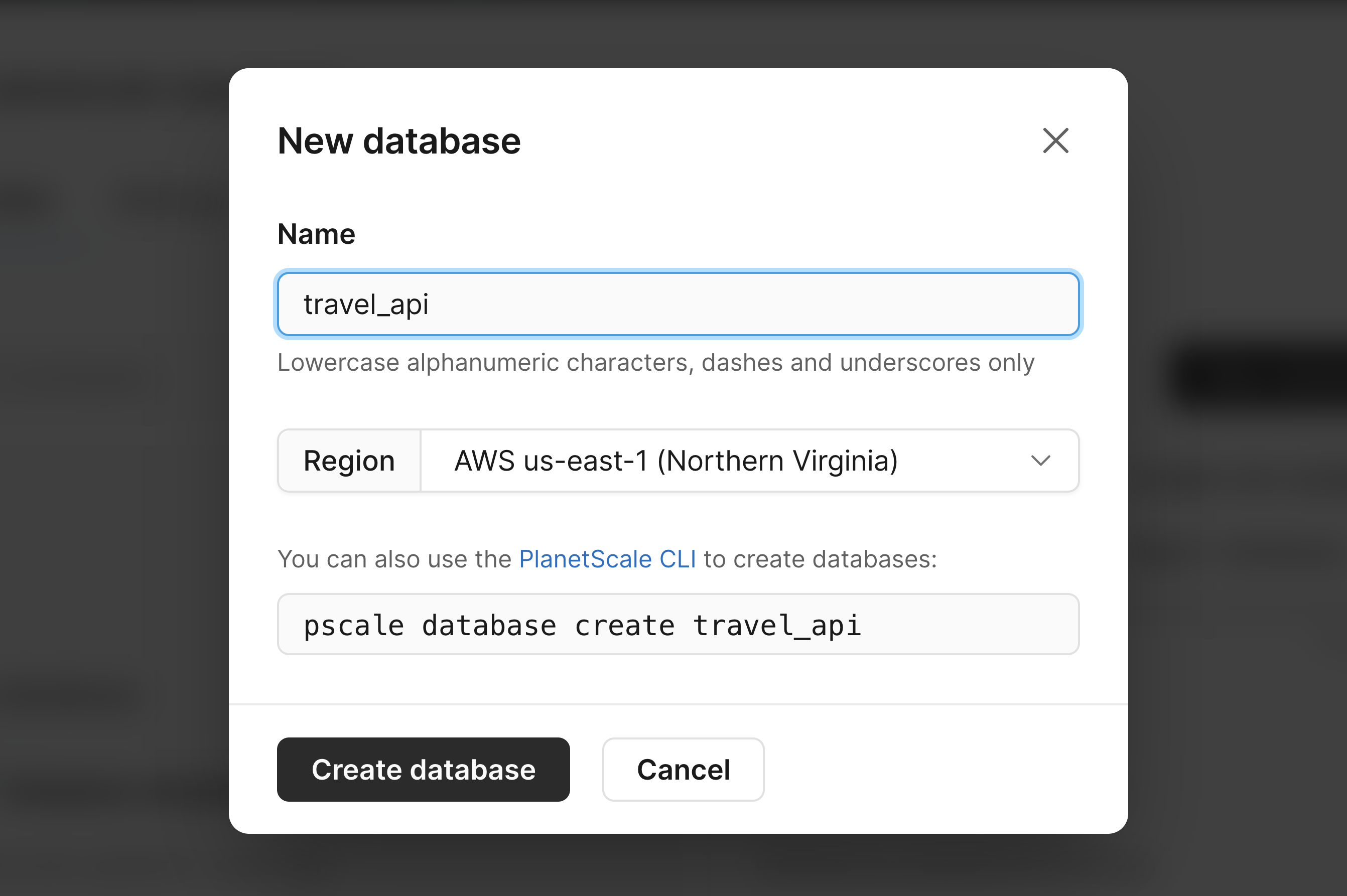The New database modal in PlanetScale.