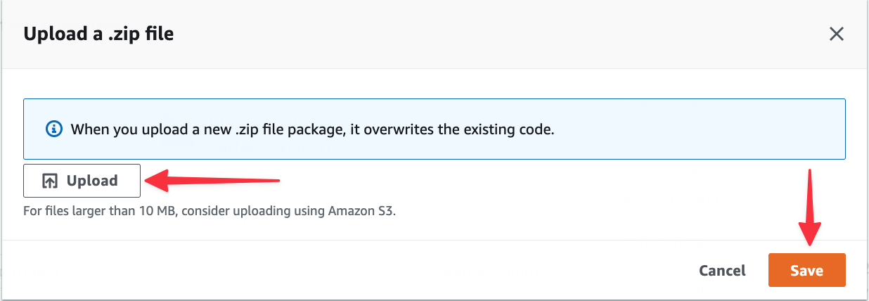 The Upload modal in AWS.
