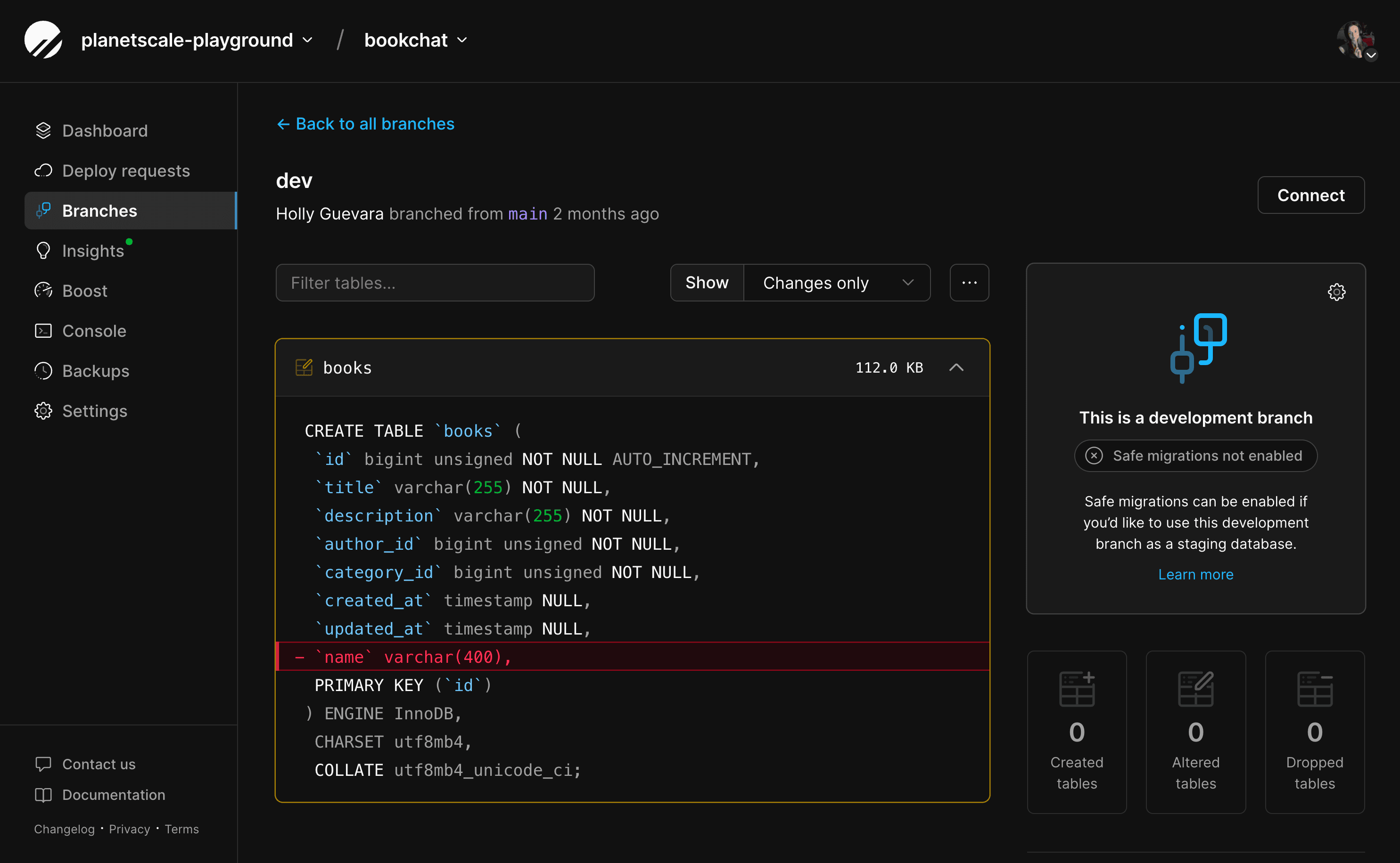 Example of deploy request on branch page