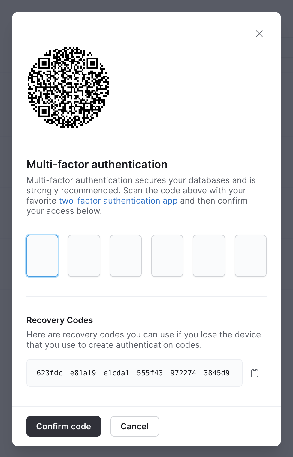 Pop-up modal with QR code and recovery codes