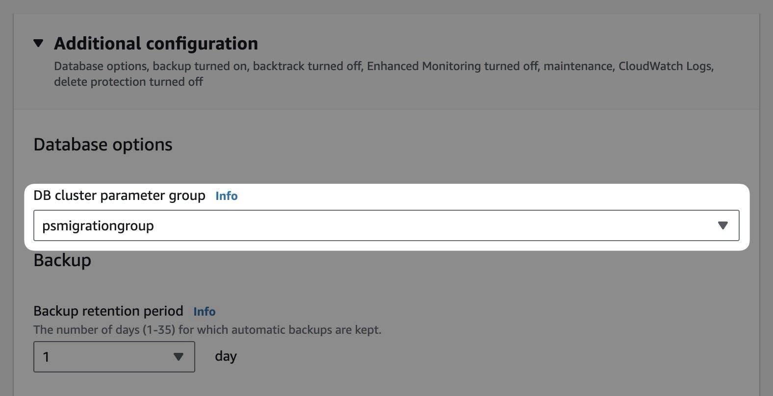 The Additional configuration section of the database configuration view.