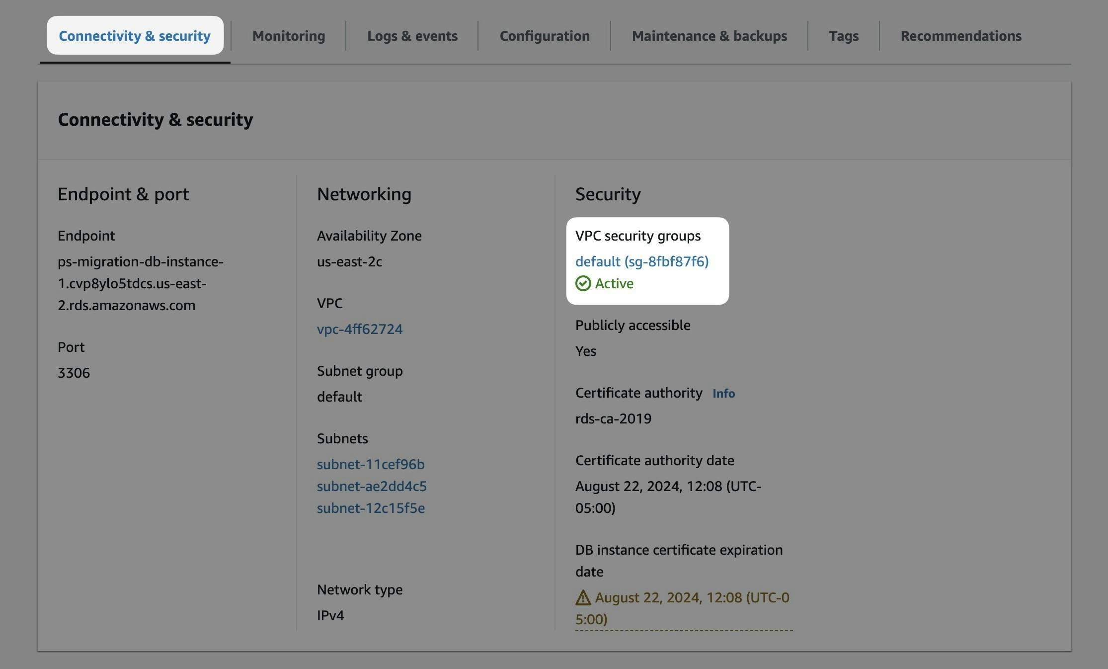 The Connectivity & security tab of the database view in RDS.