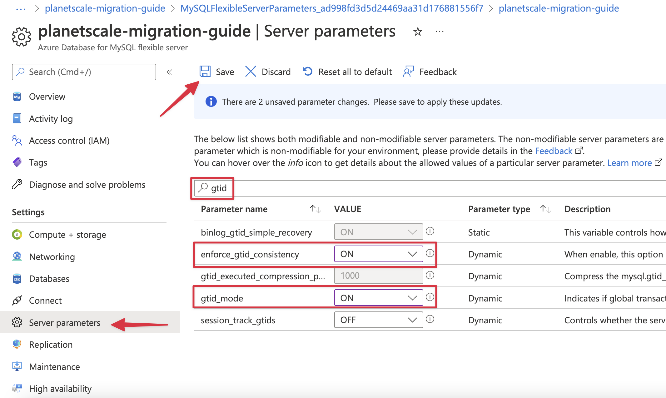 How to access gtid settings in the Azure dashboard.