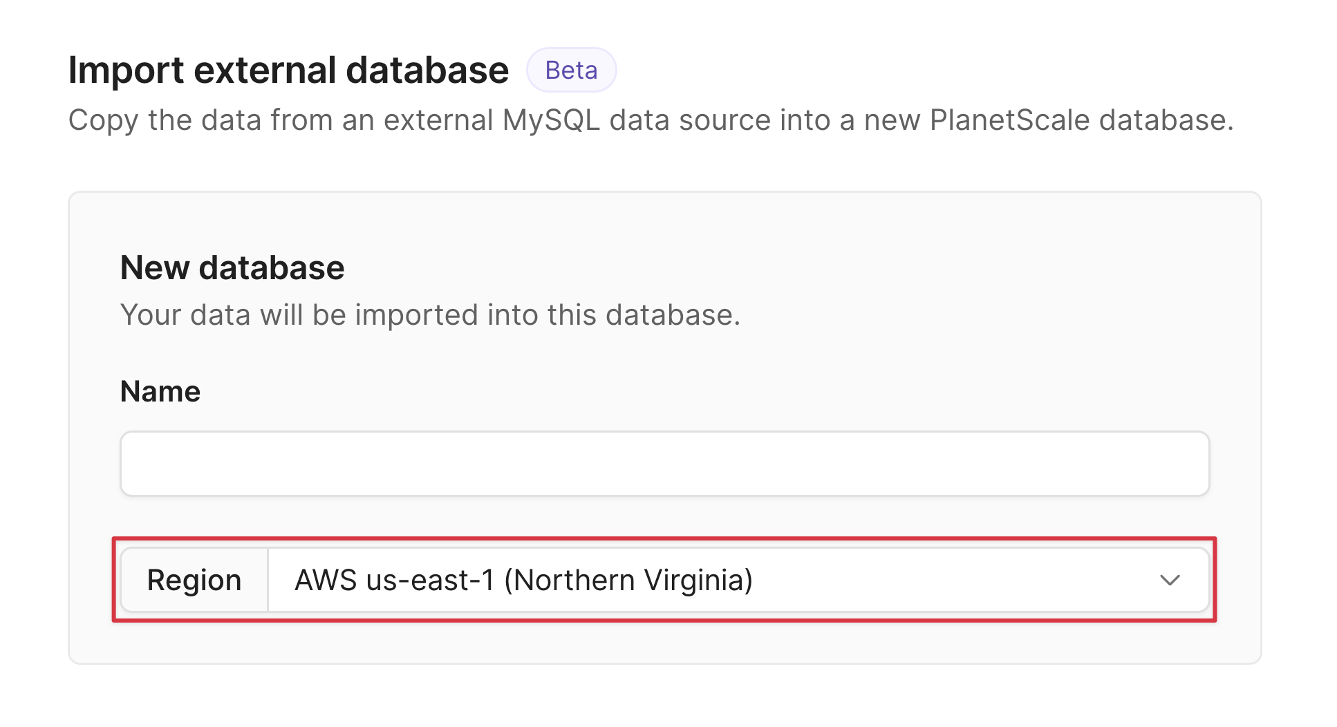 The New database section of the Import database tool.