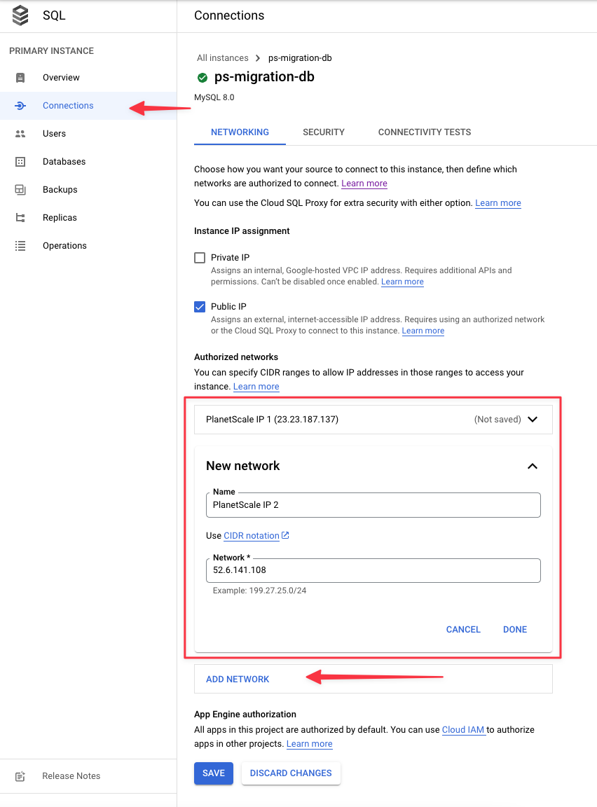 The form to add a new authorized network in the GCP console.
