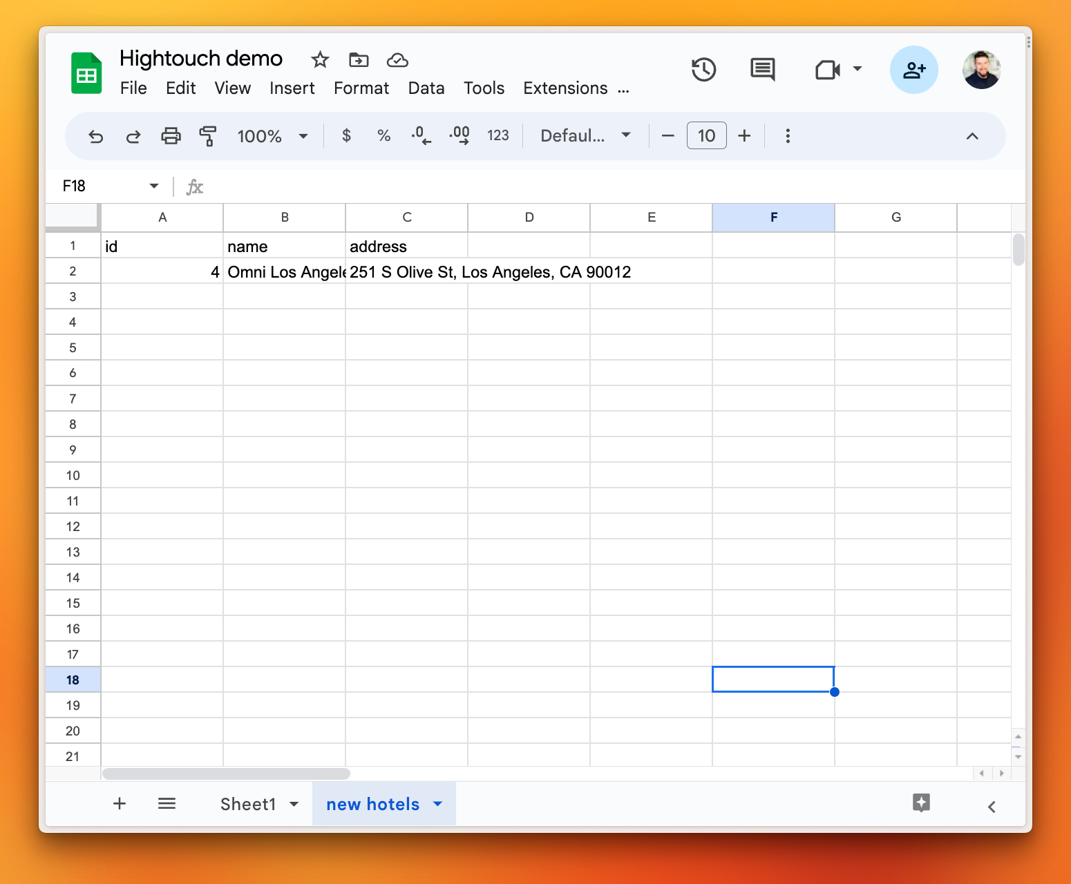 The new hotels sheet in Google Sheets