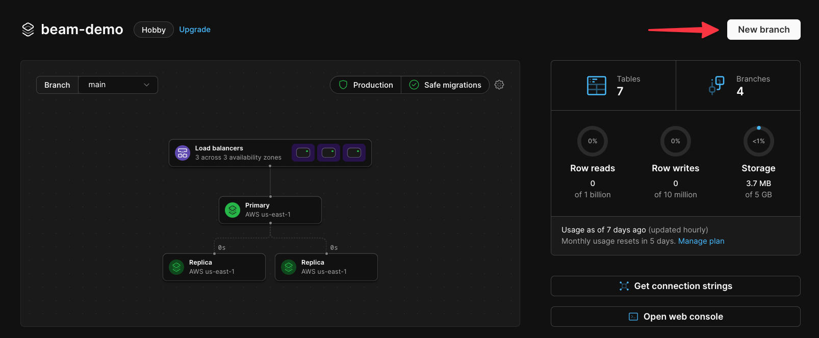 The production branch UI card with the Create new branch button highlighted.