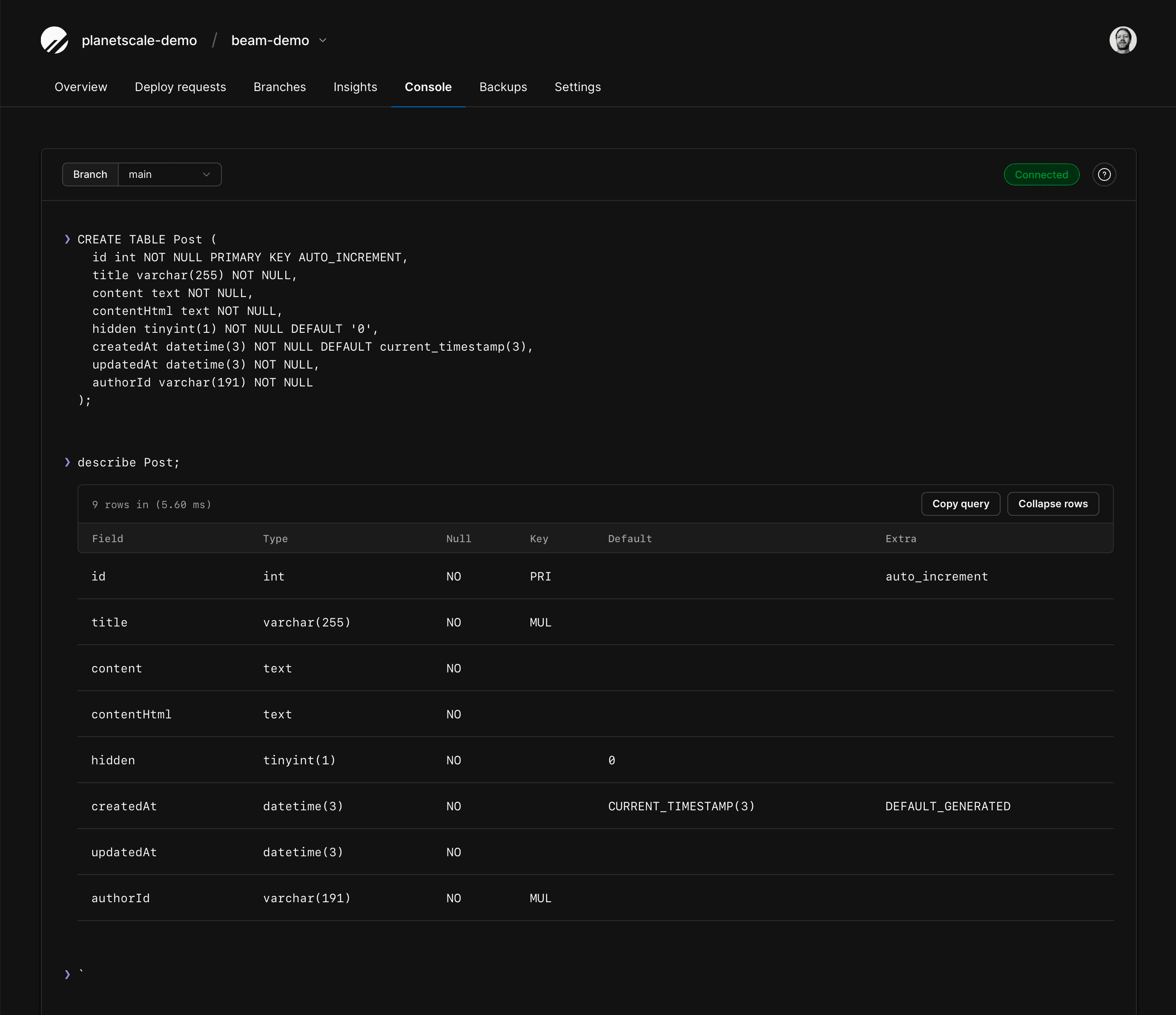 The Console view of a database branch, with the output of the CREATE TABLE statement.