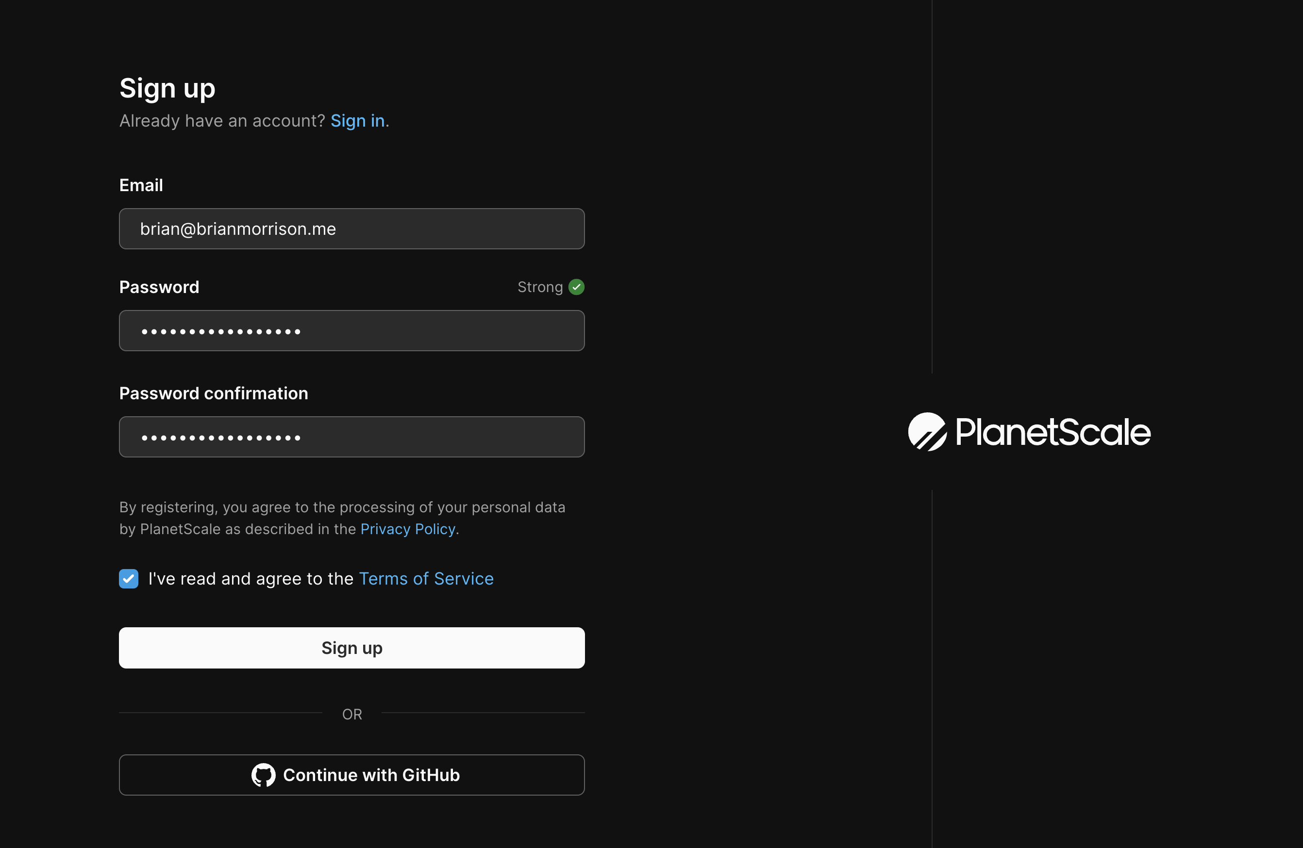 The completed sign up screen on PlanetScale