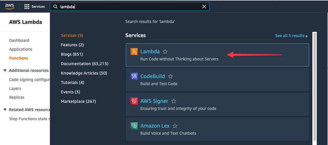 Search for Lambda in the AWS Console