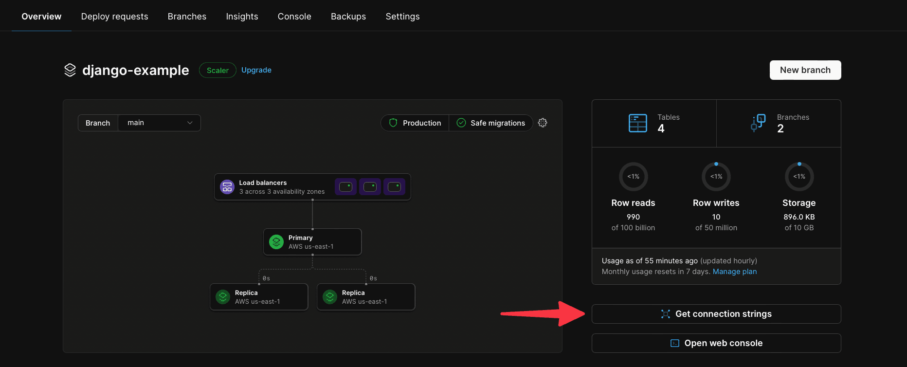 The location of the “Connect” button in the PlanetScale dashboard.