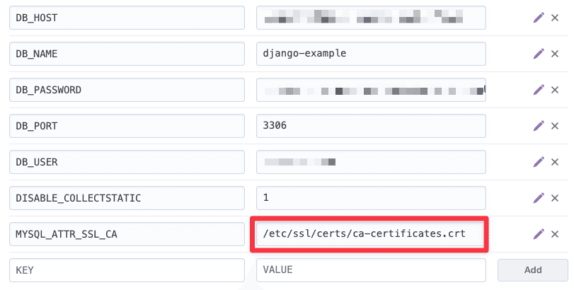 The Config Vars setup for the project.