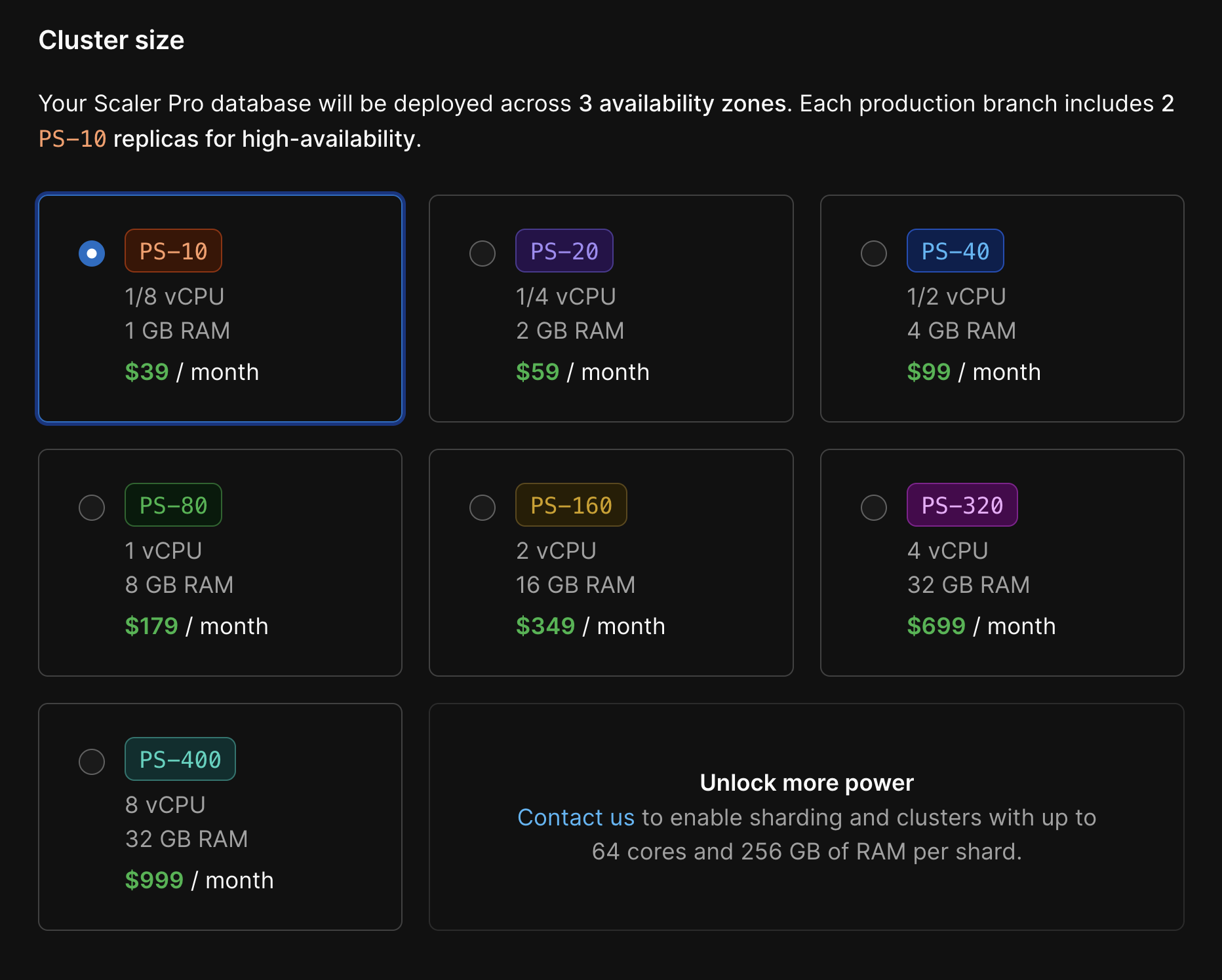 The PlanetScale pricing grid when creating a database