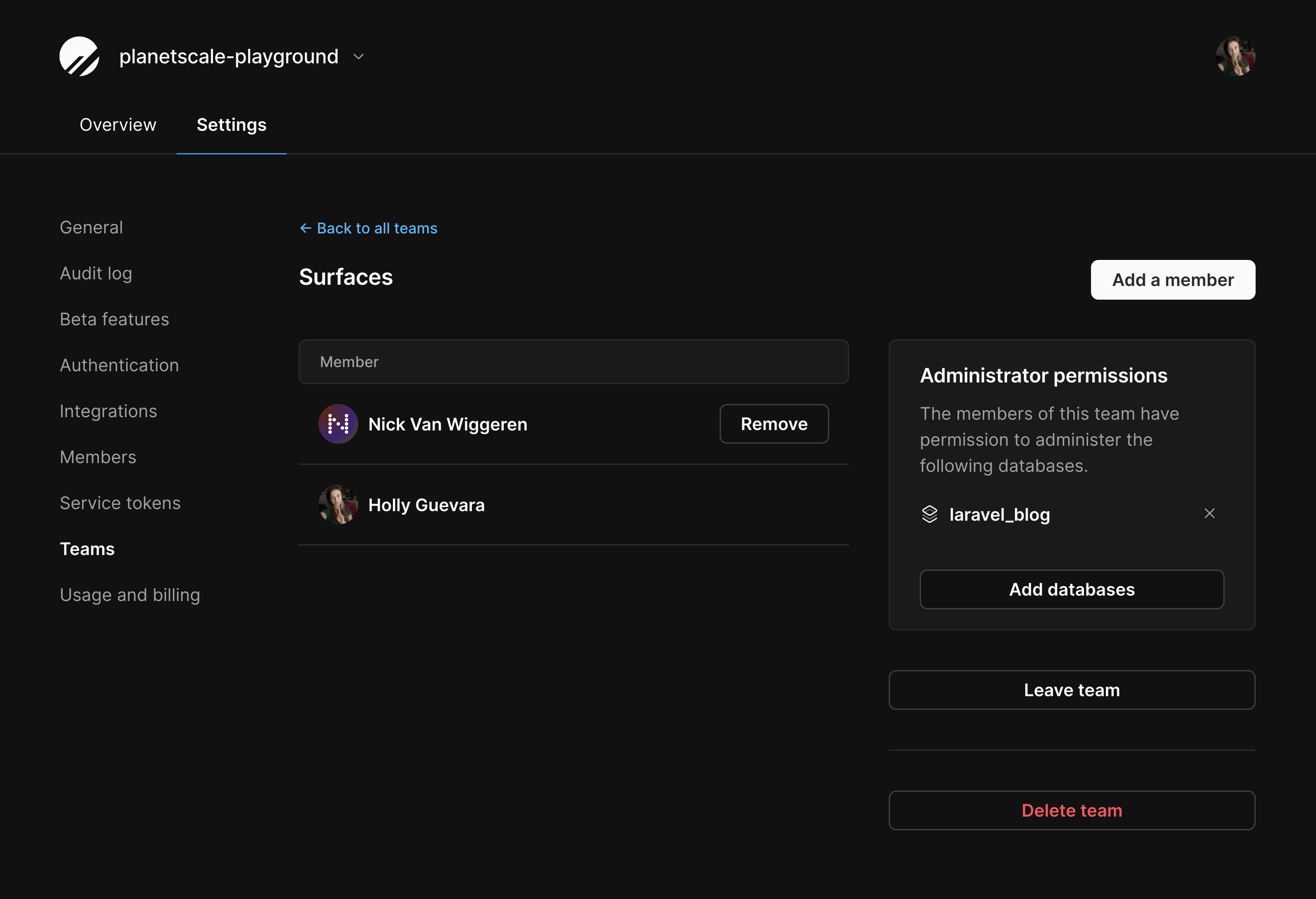 PlanetScale dashboard Teams page