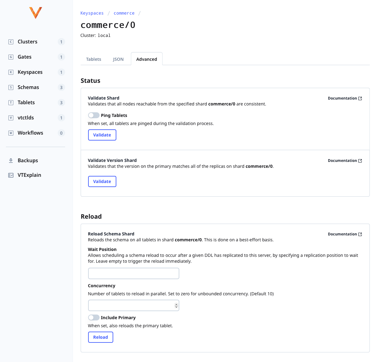 New UI showing keyspace commerce 0 and settings