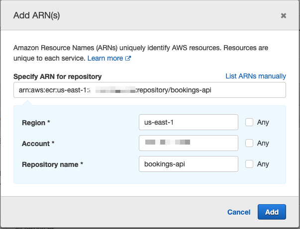 The Add ARNs modal for the ECR entry.