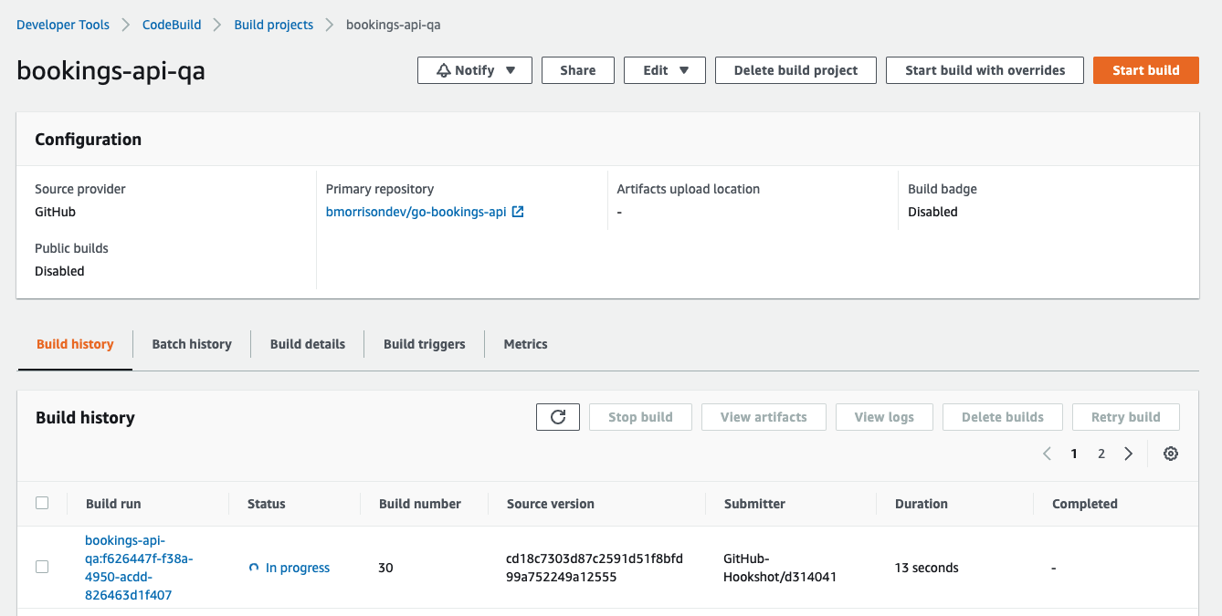 The automated QA CodeBuild build in progress.