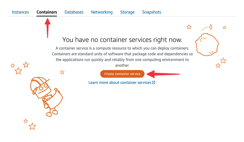 The Containers tab of Lightsail.