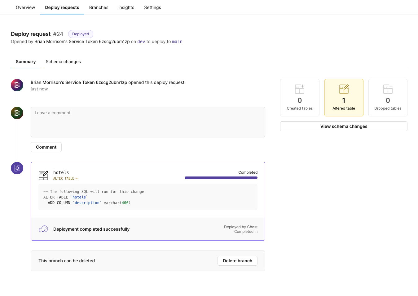 The Deploy Request in the PlanetScale dashboard, created from the CodeBuild project.