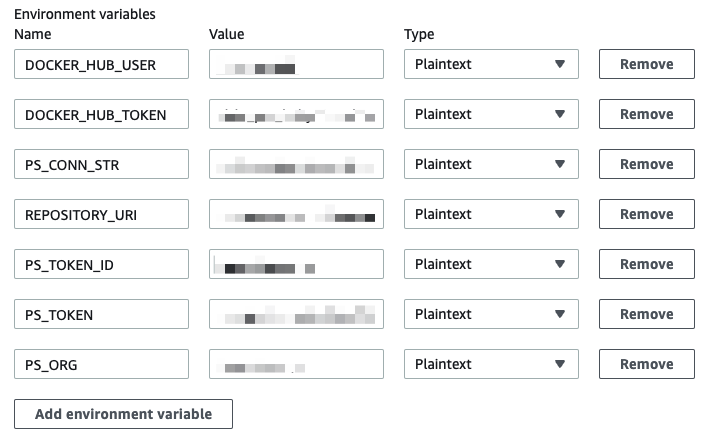 The Environment variables for the production CodeBuild project.