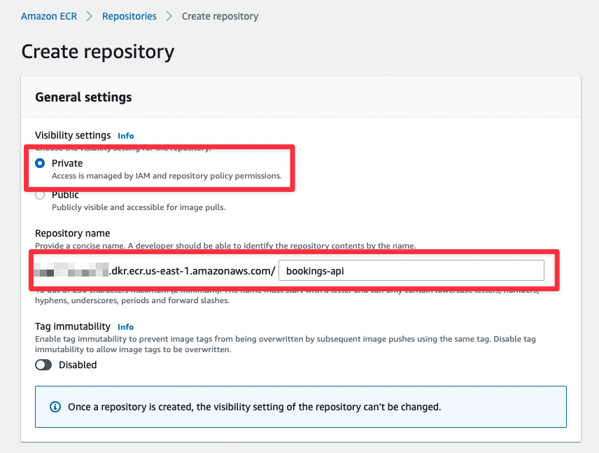 The General settings section of the Create repository form.