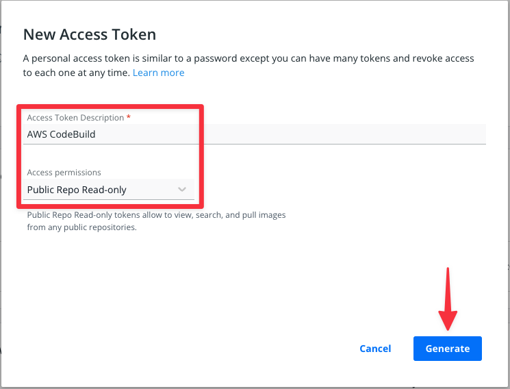 The New Access Token form on Docker Hub.