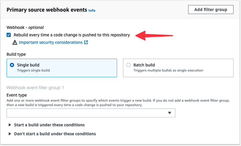 The Primary source webhook events section of the production CodeBuild project.