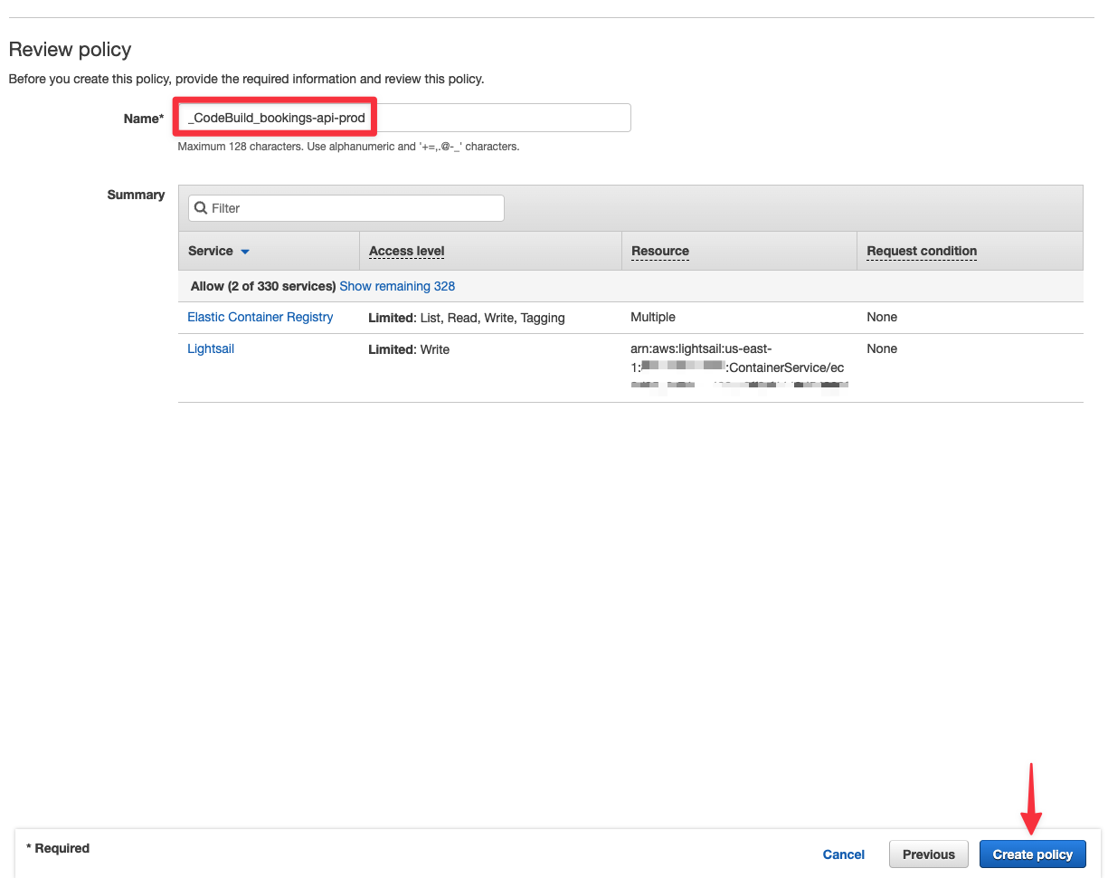 The Review policy view of the production CodeBuild IAM role.