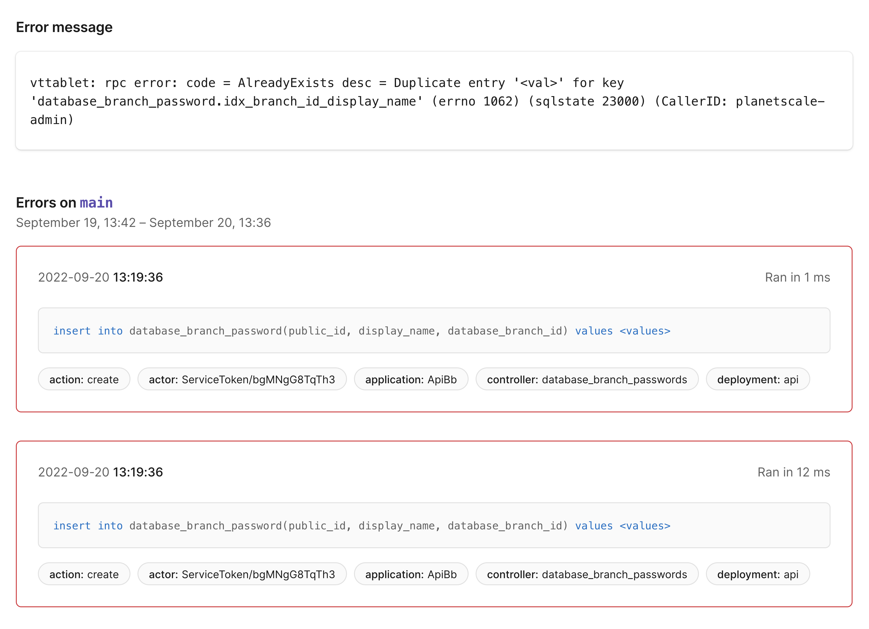 List of queries tied to error message