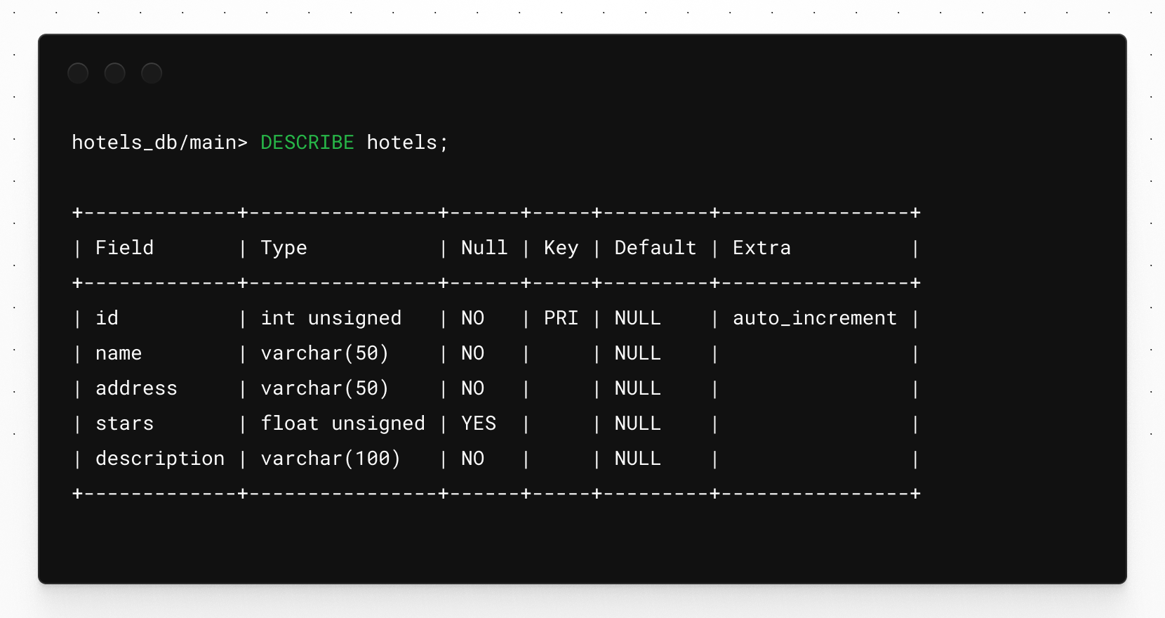 Output of the DESCRIBE command.