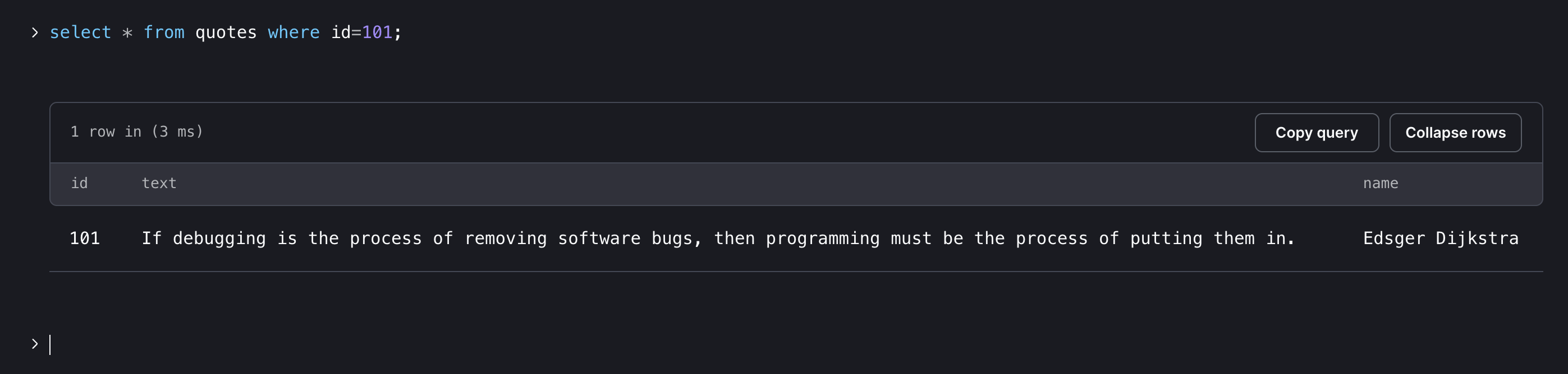 PlanetScale console select single quote query