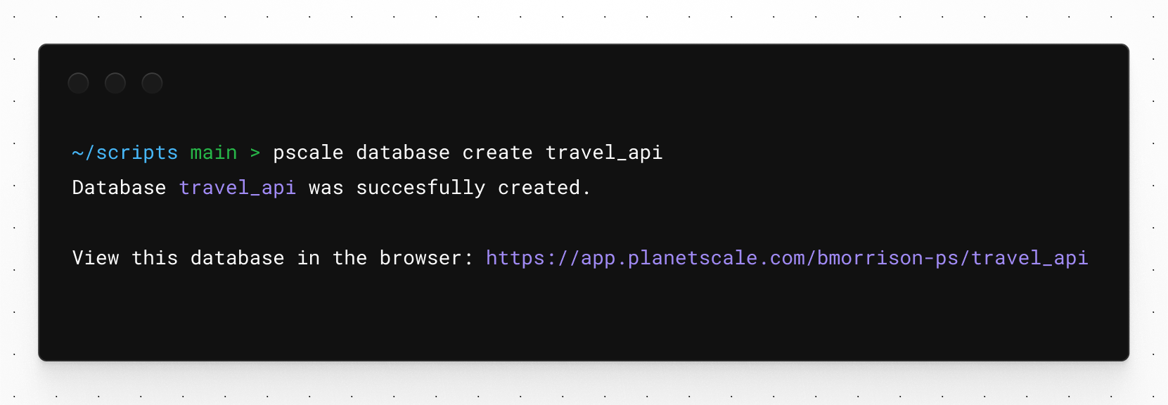 Output of the pscale database create command