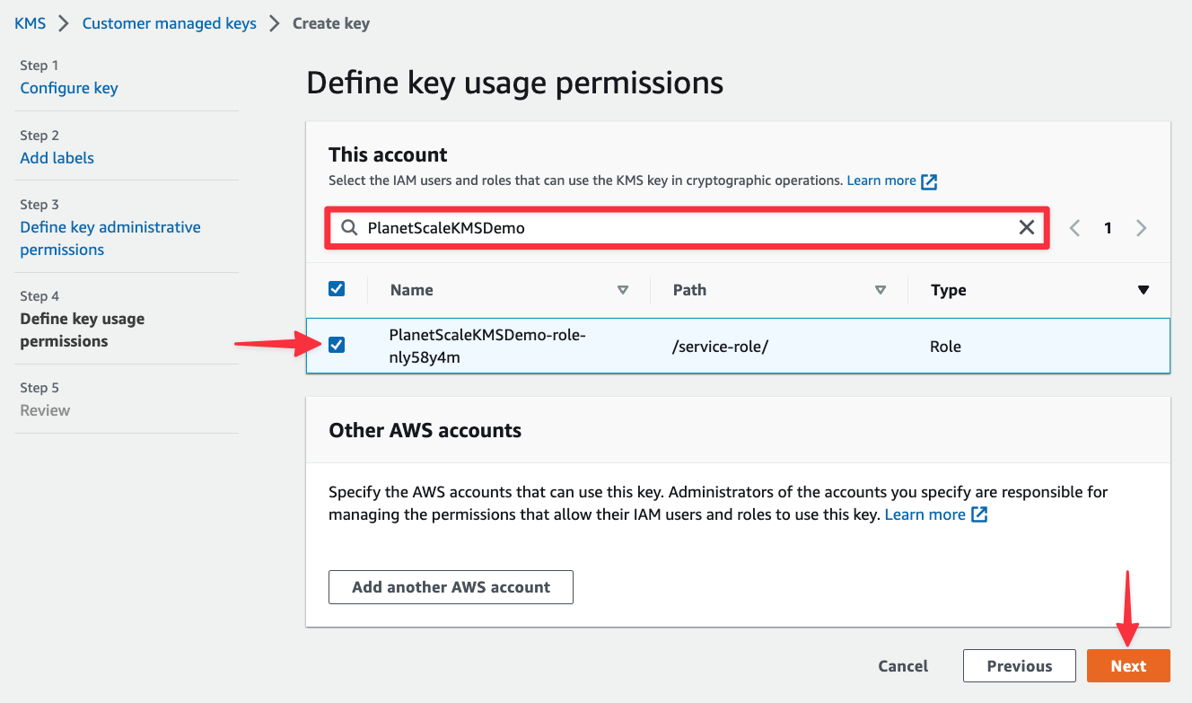 The Define key usage permissions view.