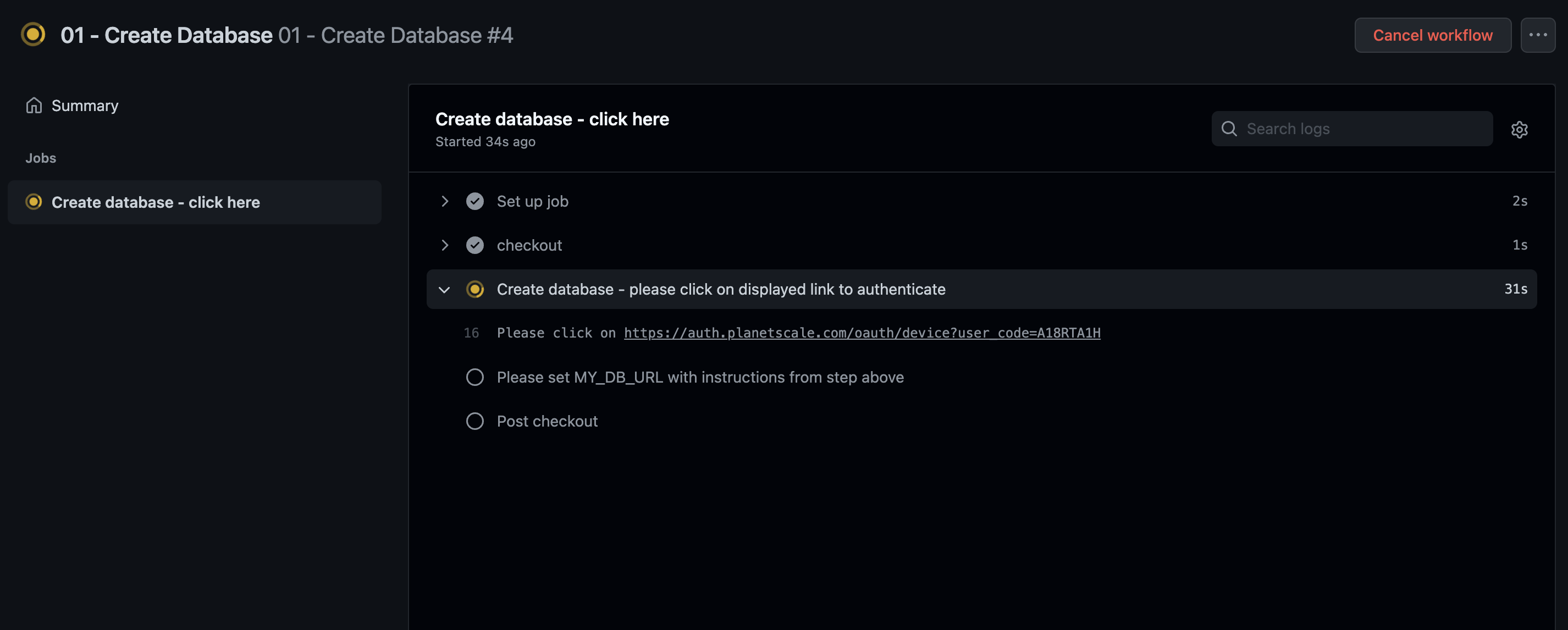 Showing the GitHub Actions workflow with the PlanetScale auth link