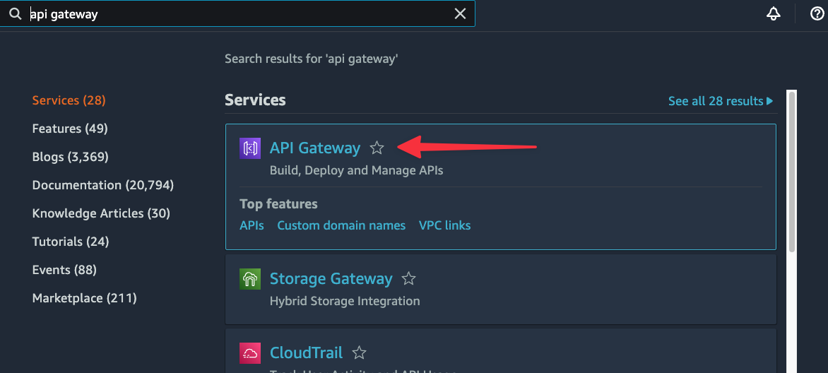 API Gateway in the AWS search.