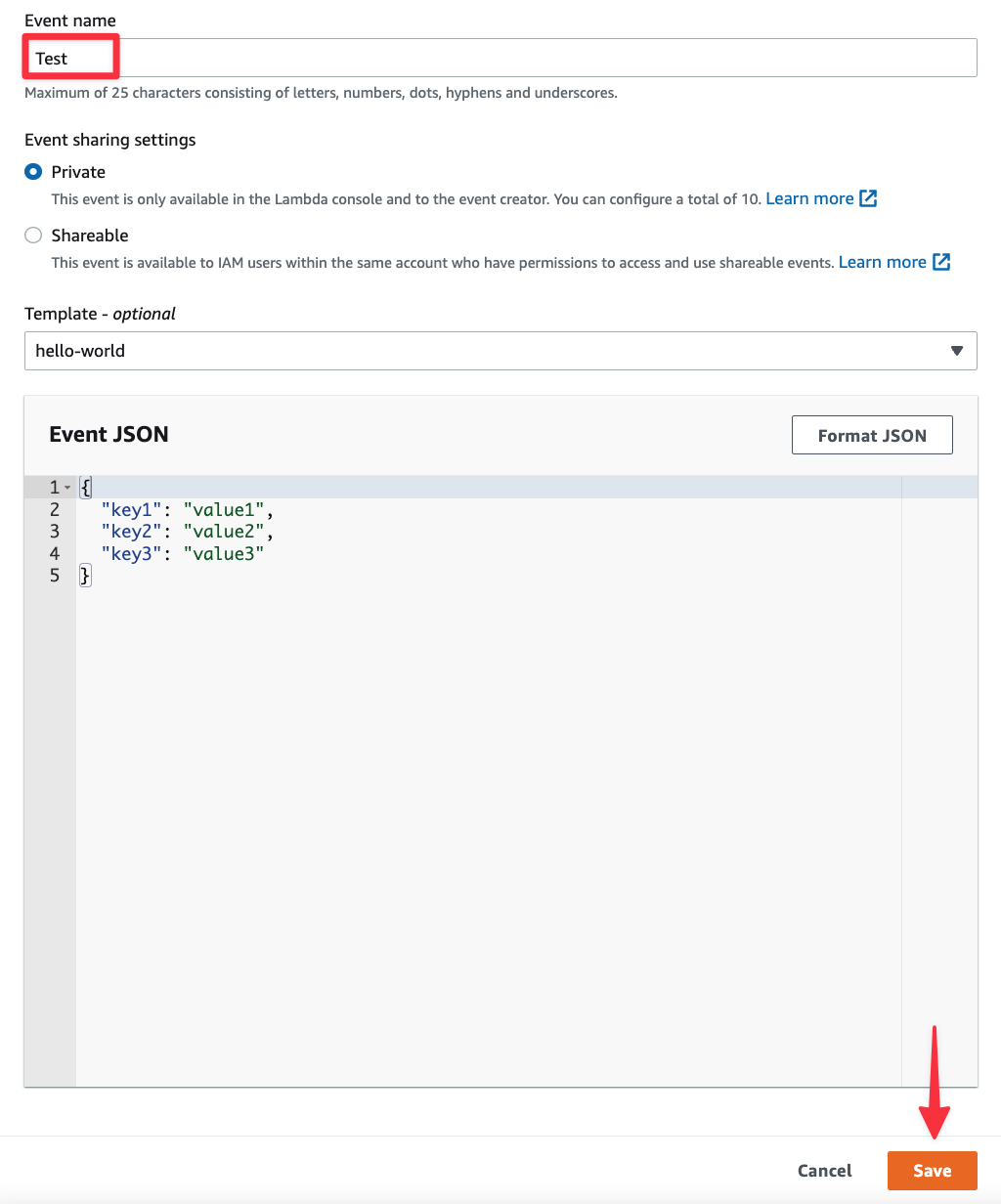 The Configure test event modal.